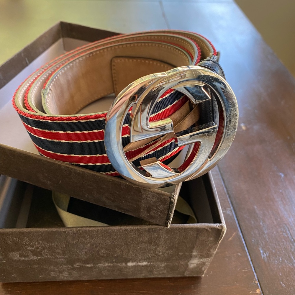 Gucci Belt 40” Striped Canvas Web Interlocking GG Leather Belt Box AUTHENTIC